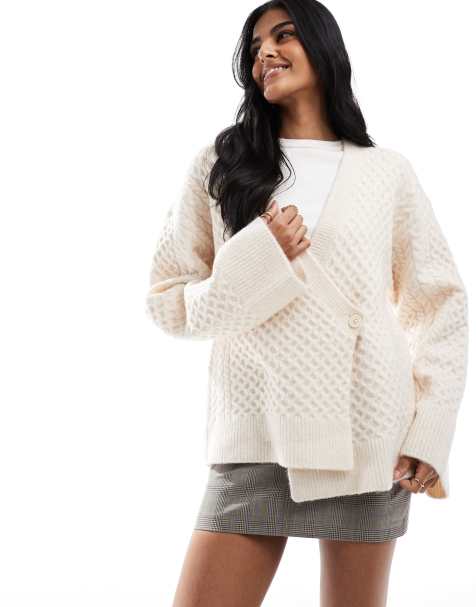 ASOS DESIGN knitted wrap cable cardigan in cream - view 1
