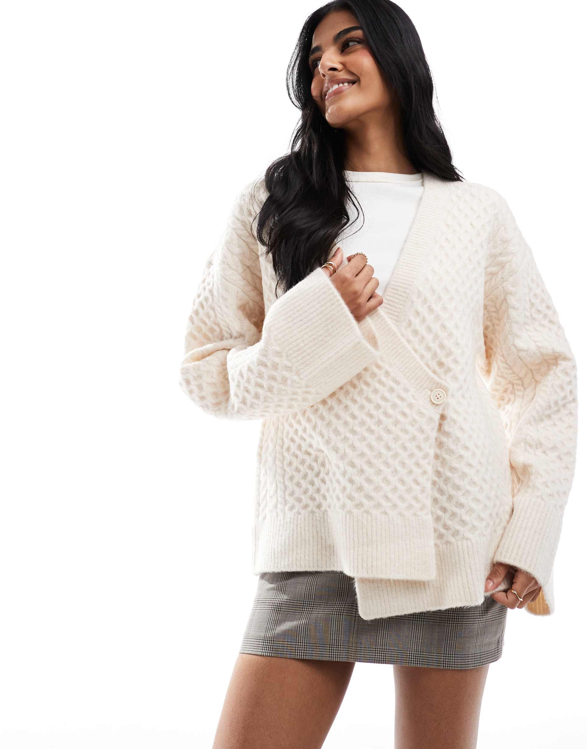 asos design knitted wrap cable cardigan in cream