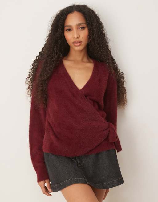 ASOS DESIGN knitted wrap cardigan in plum