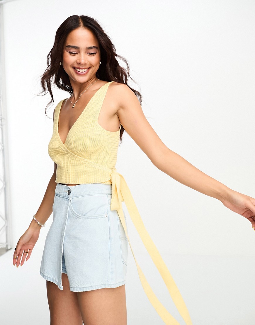 ASOS DESIGN knitted wrap crop cami in yellow