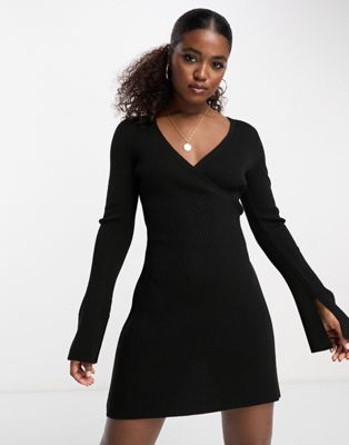 ASOS DESIGN knitted wrap fit and flare mini dress in black | ASOS