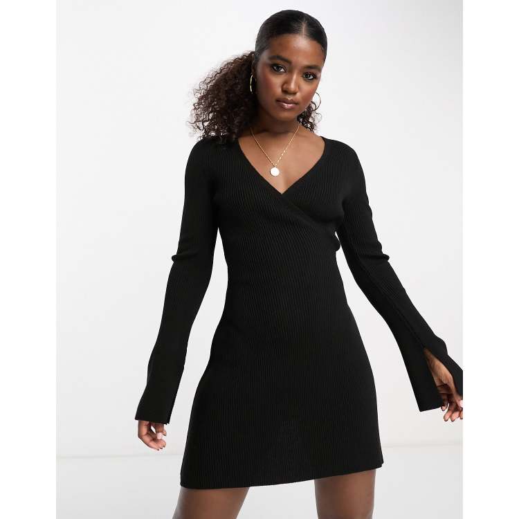 ASOS DESIGN knitted wrap fit and flare mini dress in black ASOS