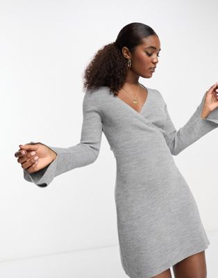 ASOS DESIGN knitted wrap fit and flare mini dress in grey marl