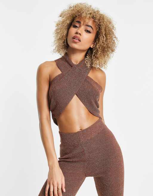 ASOS DESIGN knitted wrap top in metallic yarn (Part of a set)