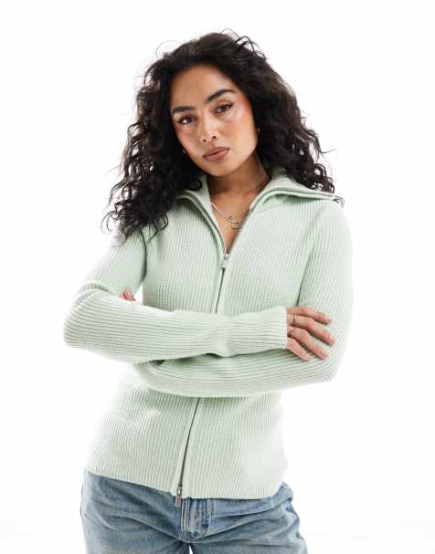 ASOS DESIGN knitted zip through collar cardigan in green - view 1