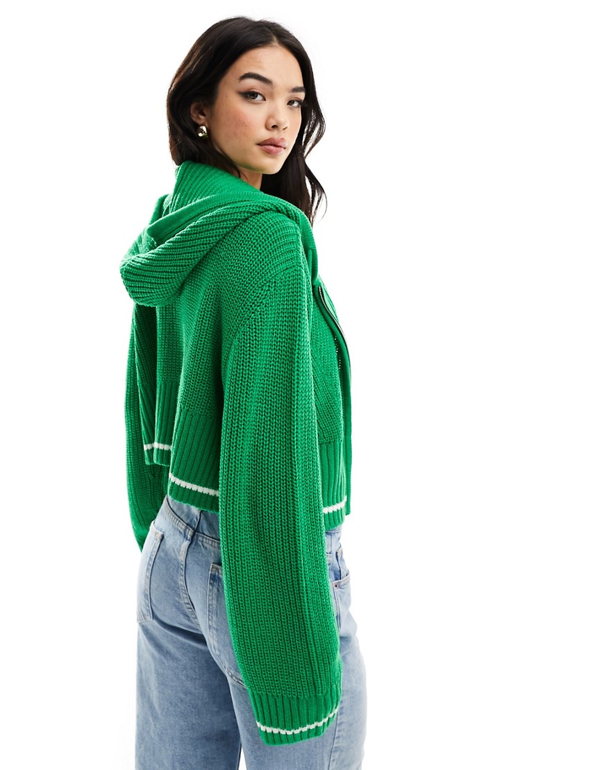 Asos Design Knitted Zip Through Hoodie In Green With Tipping