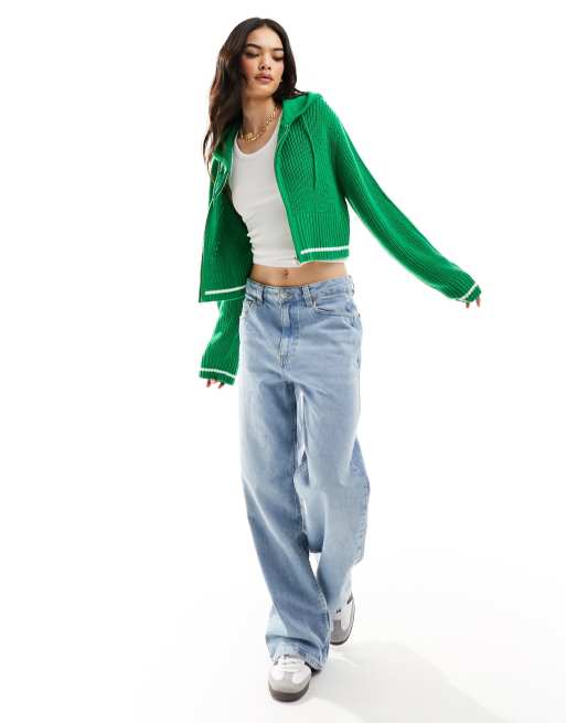 ASOS DESIGN knitted zip through hoodie in green with tipping, 2 of 4