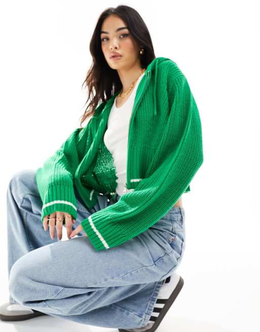 ASOS DESIGN knitted zip through hoodie in green with tipping, 3 of 4