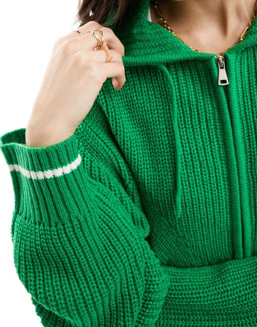 ASOS DESIGN knitted zip through hoodie in green with tipping, 4 of 4