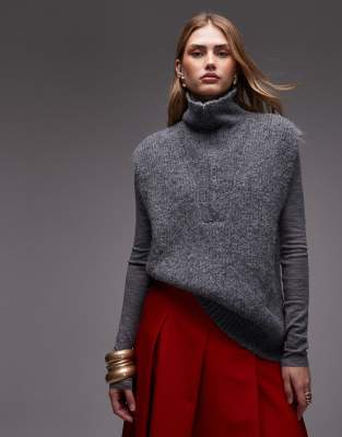 ASOS DESIGN ASOS DESIGN knitted zip through tank top with wool in charcoal-Grey