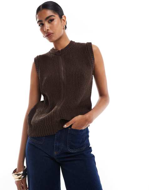 ASOS DESIGN knitted zip up tank top in chocolate - view 1