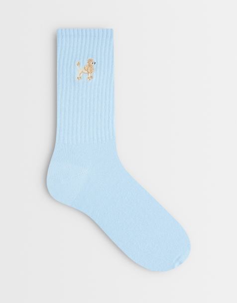 ASOS DESIGN – Knöchelhohe Socken in Blau mit Pudel-Stickerei und gerippten Abschlüssen - view 1