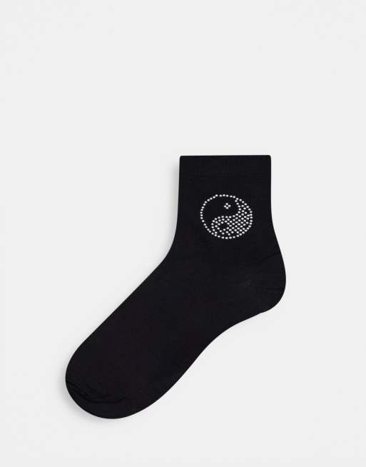 ASOS DESIGN – Knöchelhohe Socken in Schwarz mit Strass-Motiv im Stil der 90er-Jahre