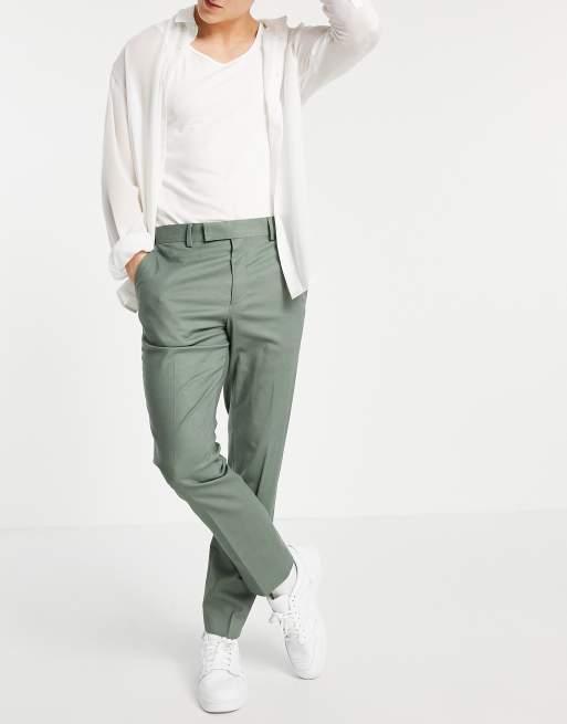 ASOS DESIGN – Knöchellange, elegante Hose aus Leinenmischung in Grün mit Gürtel und engem Schnitt