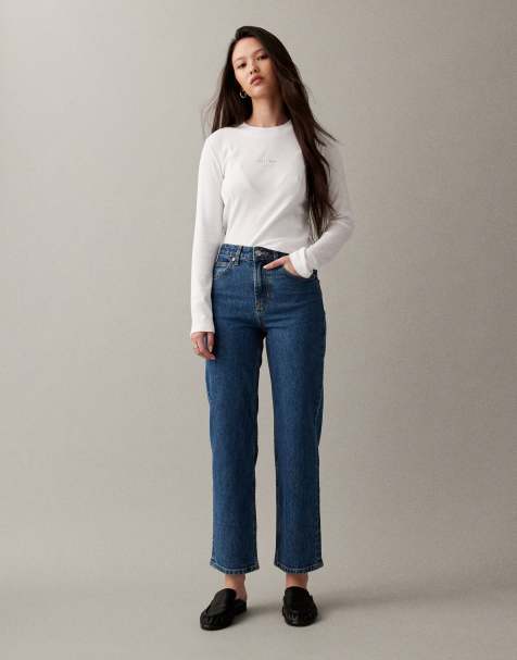 ASOS DESIGN – Knöchellange Jeans in dunkler mittelblauer Waschung mit geradem Schnitt und Comfort-Stretch - view 1