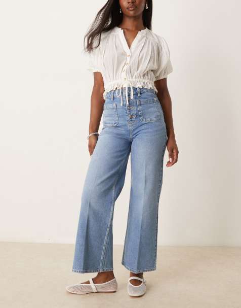 ASOS DESIGN – Knöchellange Jeans in heller Waschung mit Knöpfen vorne - view 1