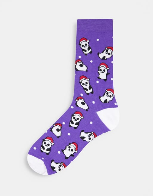 ASOS DESIGN – Knöchelsocken in Lila mit weihnachtlichem Panda-Design