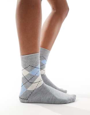 ASOS DESIGN - Knöchelsocken mit Rautenmuster in Grau und Blau-Bunt