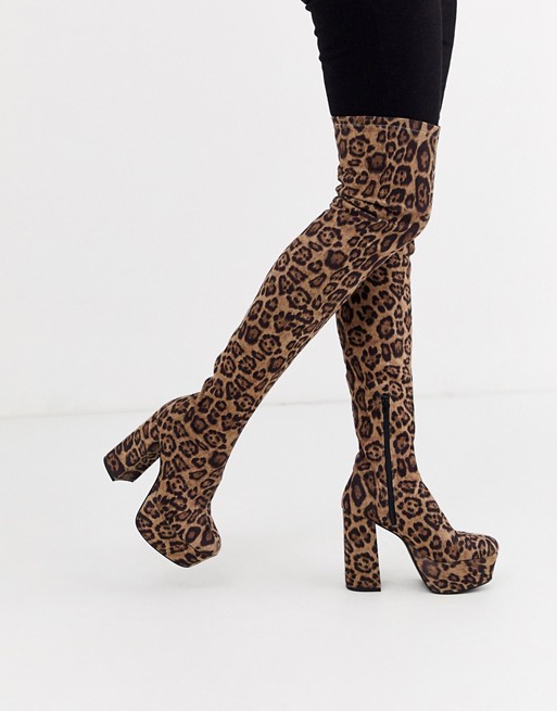 ASOS DESIGN Knockout platform thigh high boots in leopard