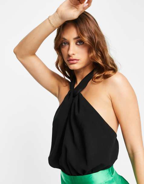 Miss Selfridge slinky wrap halter top in black co-ord