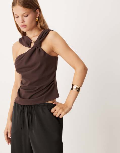 ASOS DESIGN knot detail halter top with trim detail in chocolate - view 1