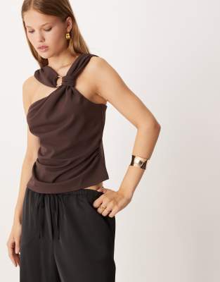 Asos Design Knot Detail Halter Top With Trim Detail In Brown
