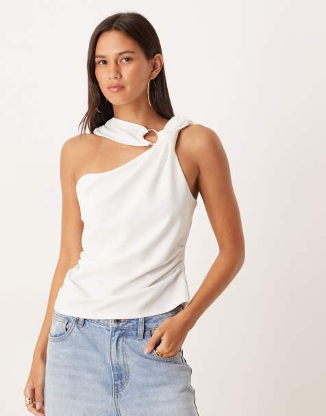 ASOS DESIGN knot detail halter top with trim detail in ivory - view 1