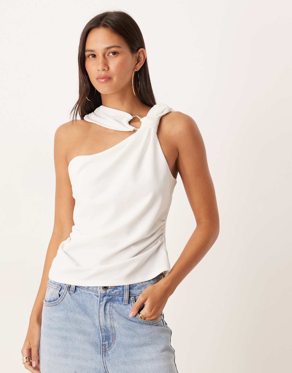 ASOS DESIGN knot detail halter top with trim detail in ivory