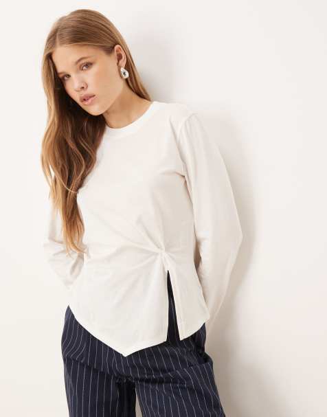 ASOS DESIGN knot detail long sleeve top in cream - view 1