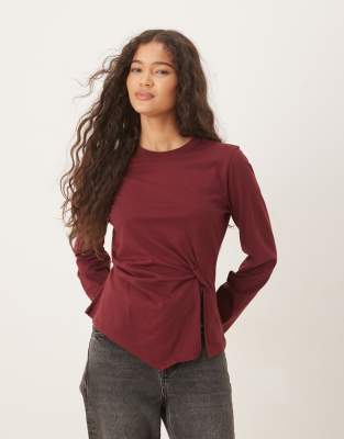 Asos Design Knot Detail Long Sleeve Top In Brown