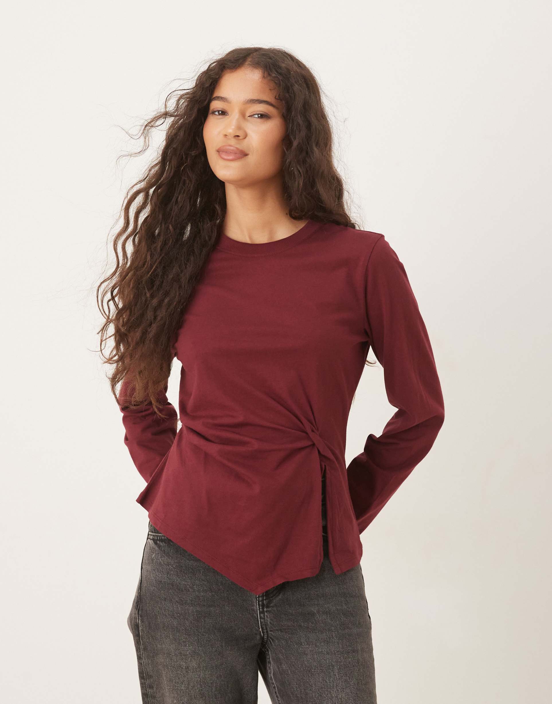 asos design knot detail long sleeve top in dark cherry