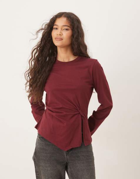 ASOS DESIGN knot detail long sleeve top in dark cherry