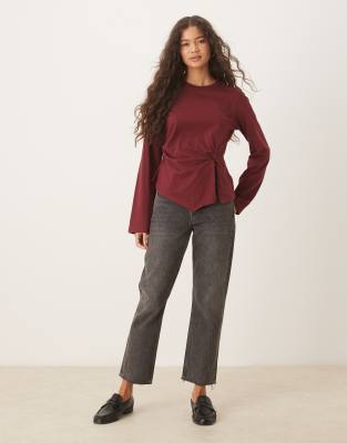 Asos Design Knot Detail Long Sleeve Top In Brown