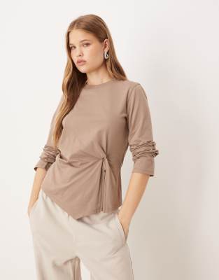 Asos Design Knot Detail Long Sleeve Top In Brown