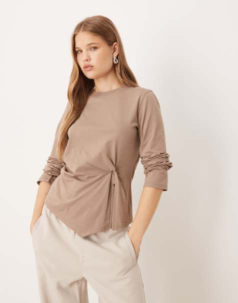 ASOS DESIGN knot detail long sleeve top in mocha - view 1
