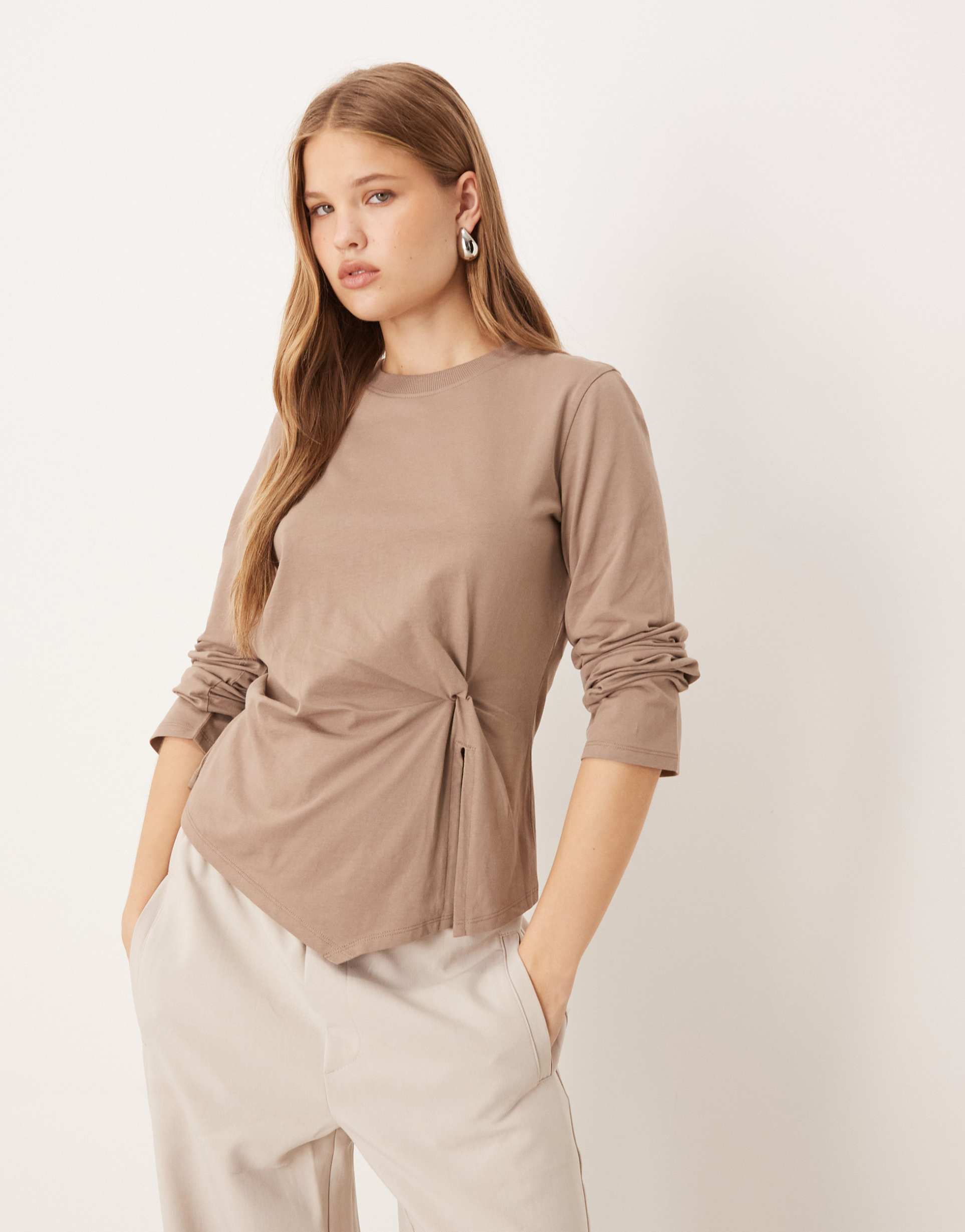 asos design knot detail long sleeve top in mocha