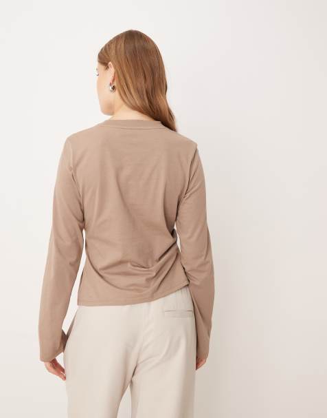 ASOS DESIGN knot detail long sleeve top in mocha - view 2