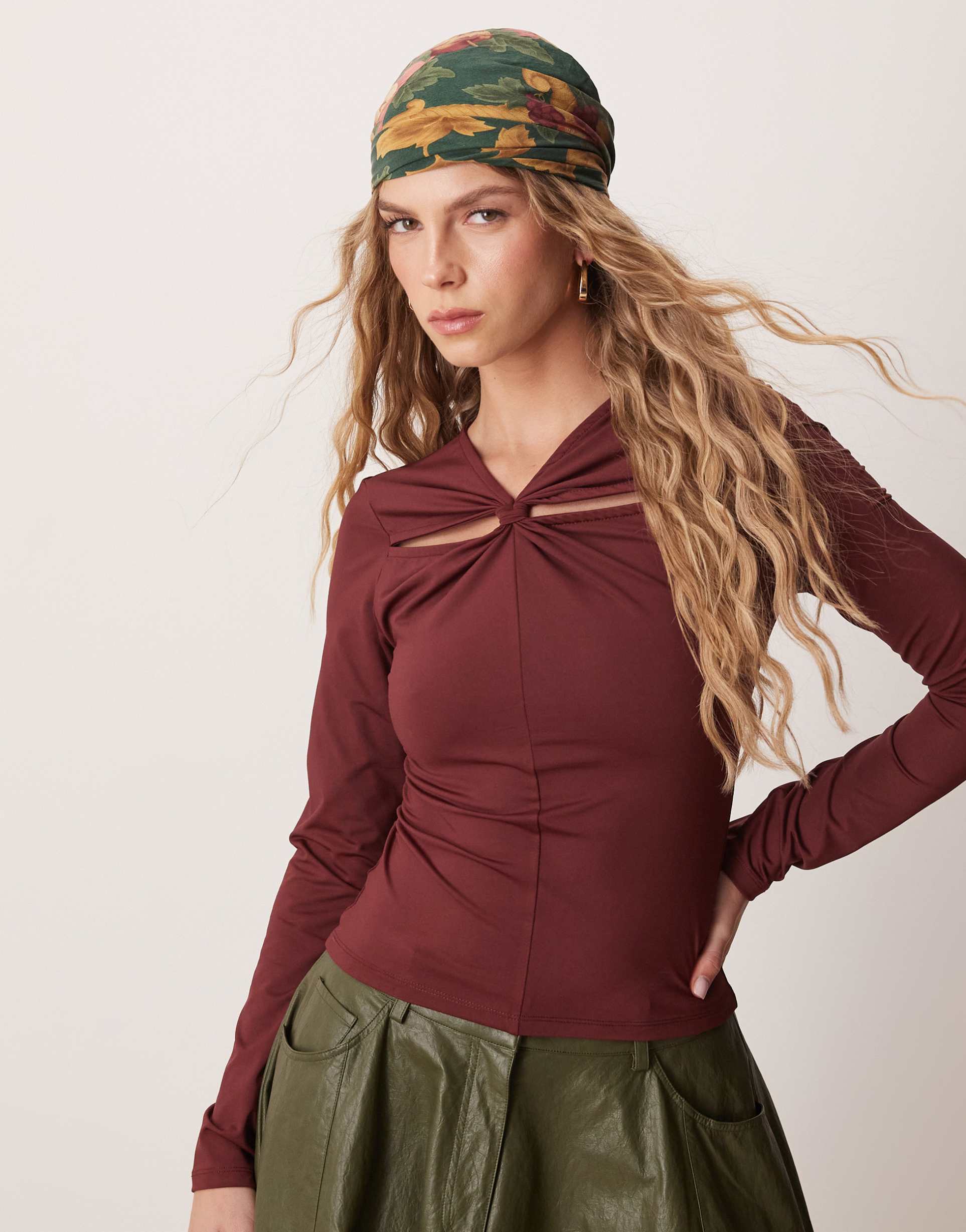 asos design knot detail polyamide top in burgundy