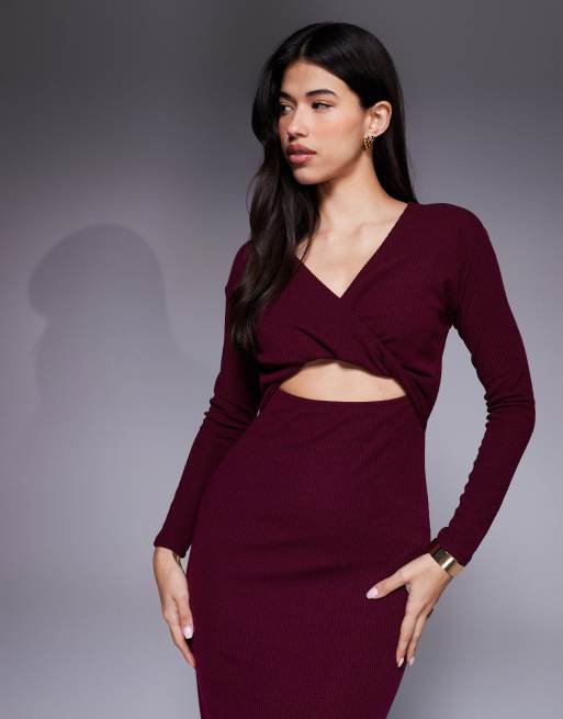 ASOS DESIGN knot detail rib midi dress in wine, 2 of 4