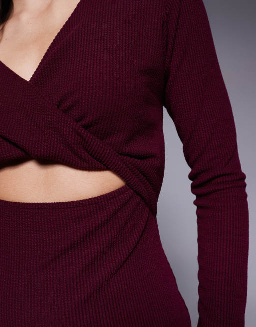ASOS DESIGN knot detail rib midi dress in wine, 4 of 4