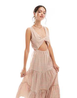 ASOS DESIGN knot detail tiered midi dress in brown gingham-Multi