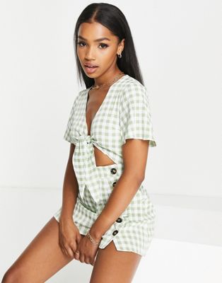 ASOS DESIGN knot front button detail playsuit in sage gingham