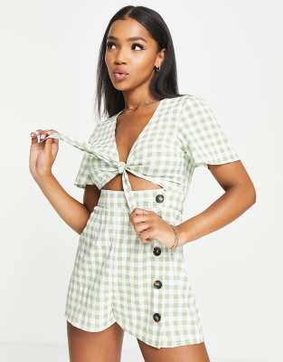 ASOS DESIGN knot front button detail playsuit in sage gingham