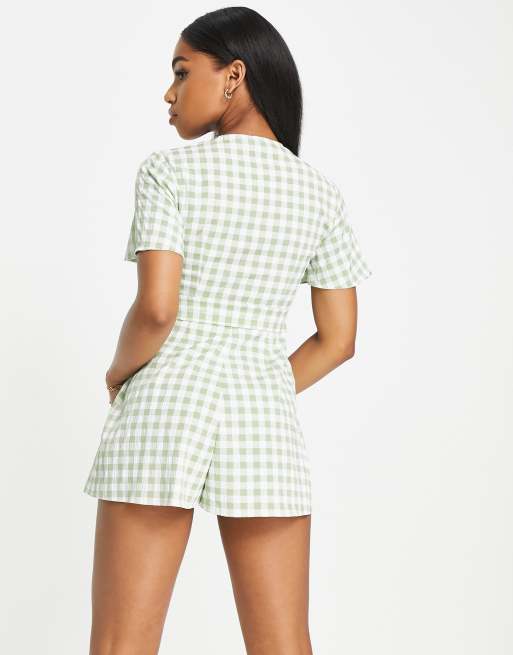 ASOS DESIGN knot front button detail playsuit in sage gingham