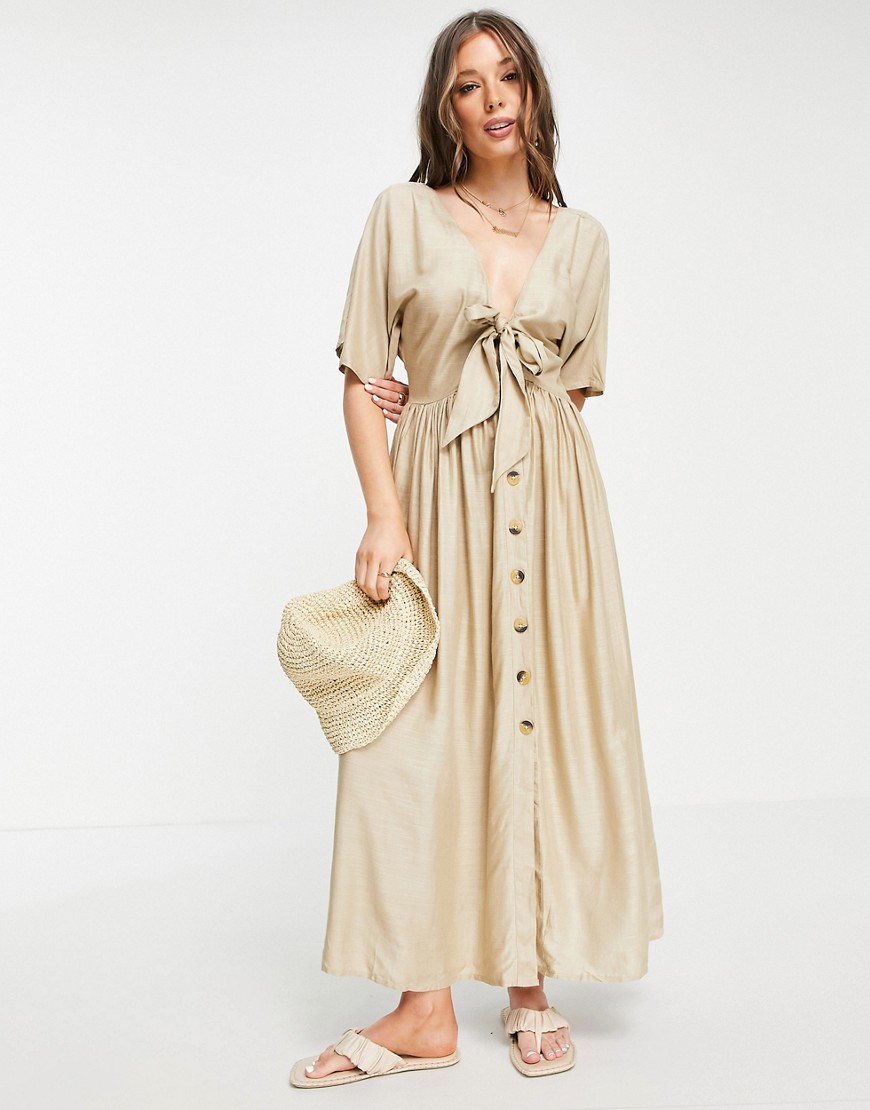 ASOS DESIGN knot front button through maxi dress in beige-Neutral