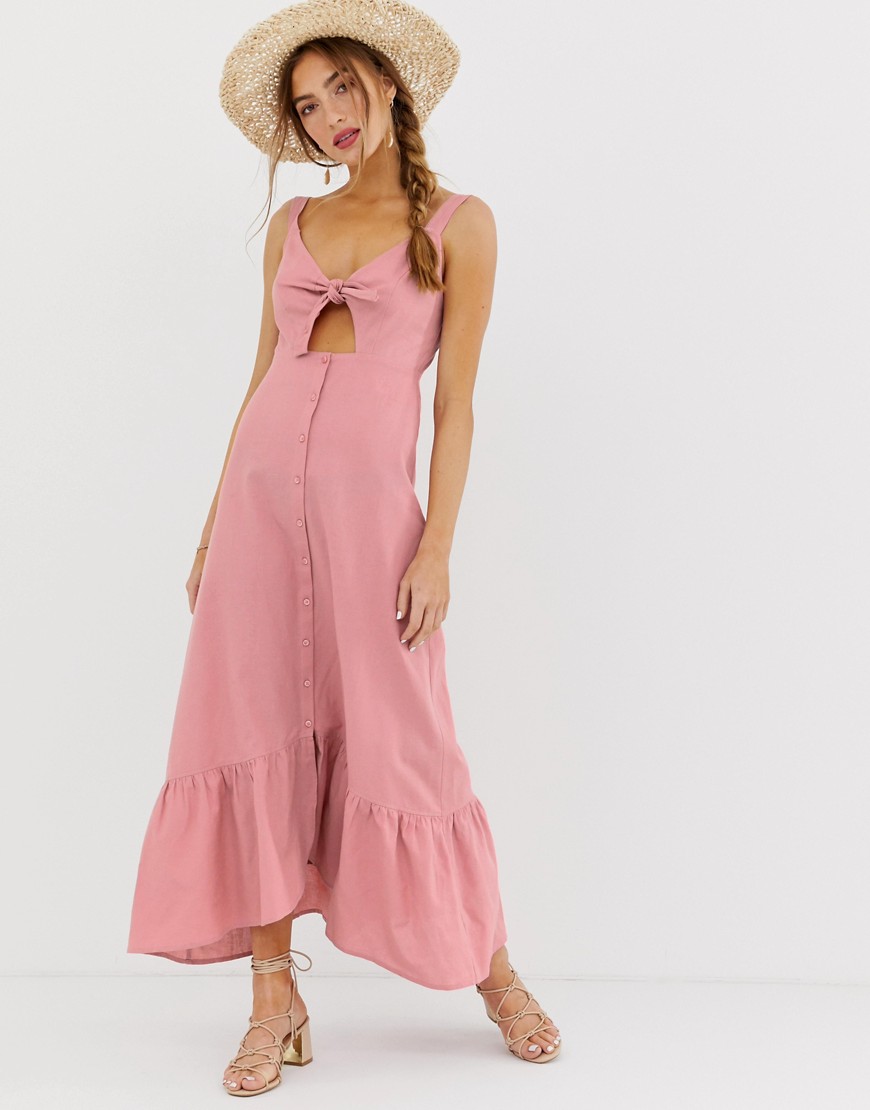 ASOS DESIGN knot front button through maxi dress with cut out-Pink