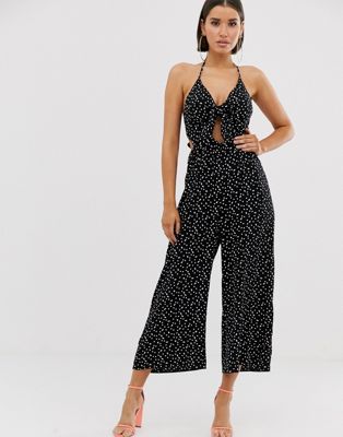 ASOS DESIGN knot front cut out strappy halter open back jumpsuit in ...