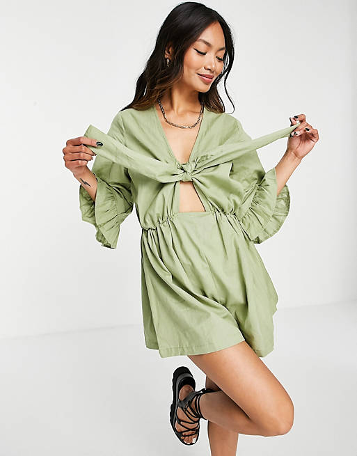  knot front frill sleeve playsuit in khaki 