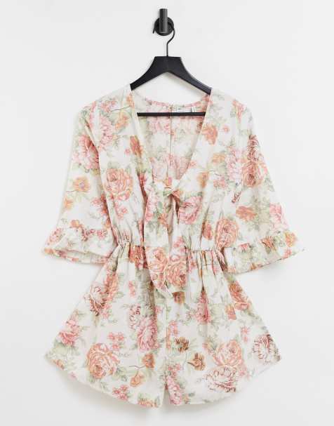 ASOS DESIGN knot front frill sleeve playsuit in vintage floral - view 1