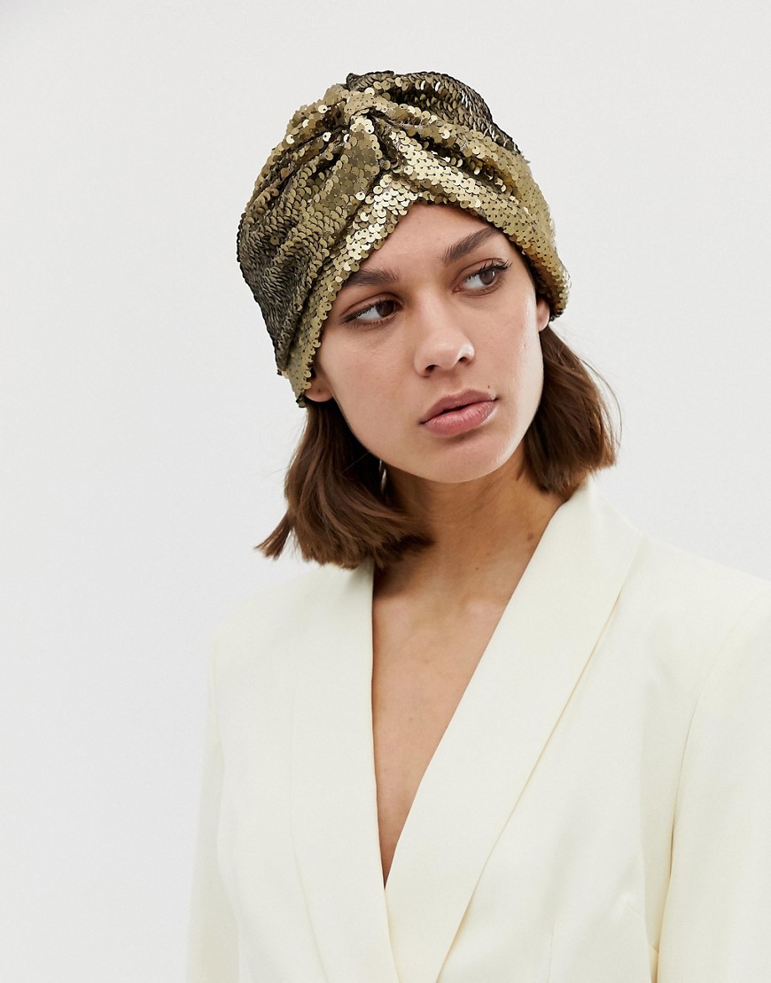 Asos Design Knot Front Hat In Gold Sequin